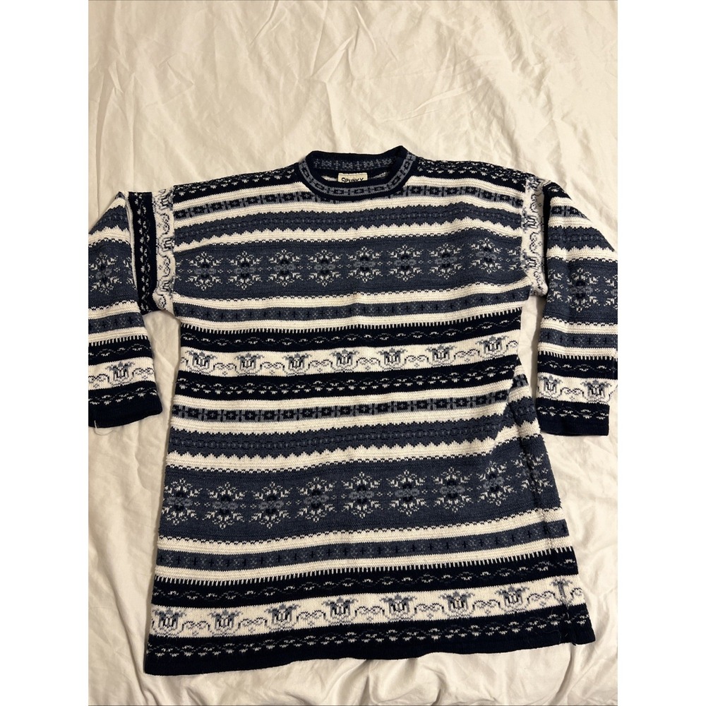 Spunky Vintage Blue And White Sweater 100% Acrylic  Made in USA XL/2XL Unisex